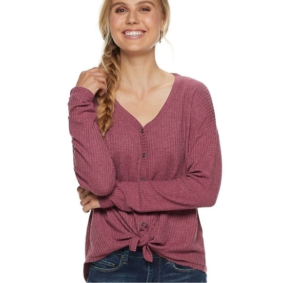 Mudd Women’s Long Sleeve Shirt Large Pink Stretch Waffle Knit Contemporary - Picture 3 of 9